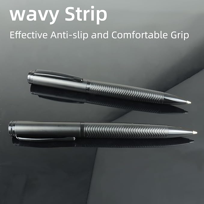 YUNCHUN 5PCS Medium Point Ballpoint Pens, Fancy Cool Metal Pens with 5 Extra Refills, Black Wave Stripe Ball Pens for Smooth Writing, Office Executive Business Professional Pen for Men & Women