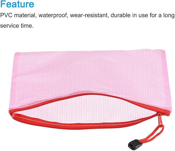 MECCANIXITY Mesh Zipper Bags, A4 Size File Document Pockets Bill Pouch Folders for Office Home Supply, Pink Pack of 3