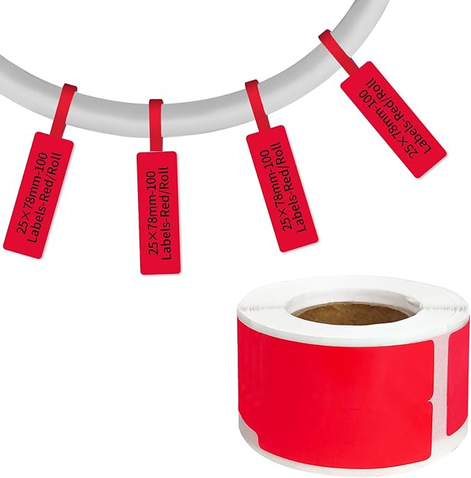 100 Pcs Cable Labels - Waterproof Wire Cord Labels, Tear Resistant Wire Label, Self Adhesive Cord Organizing Label, for Cable Management, Compatible with PUQU AQ20 Label Makers(Red) 25x78mm