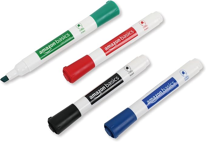 Amazon Basics Low-Odor Dry Erase Whiteboard Markers, Chisel Tip, Quick-Dry, Black, Red, Green, Blue, 4-Pack