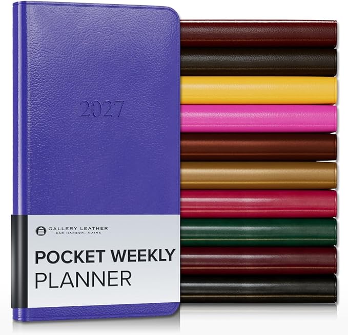 Gallery Leather Pocket Weekly Monthly Planner 2027, Elegantly Bound Calendar Planner and Notebook with Stylish Gold-Gilded Page Edges, 12 Months - Caribbean Hibiscus - 6x3.25"