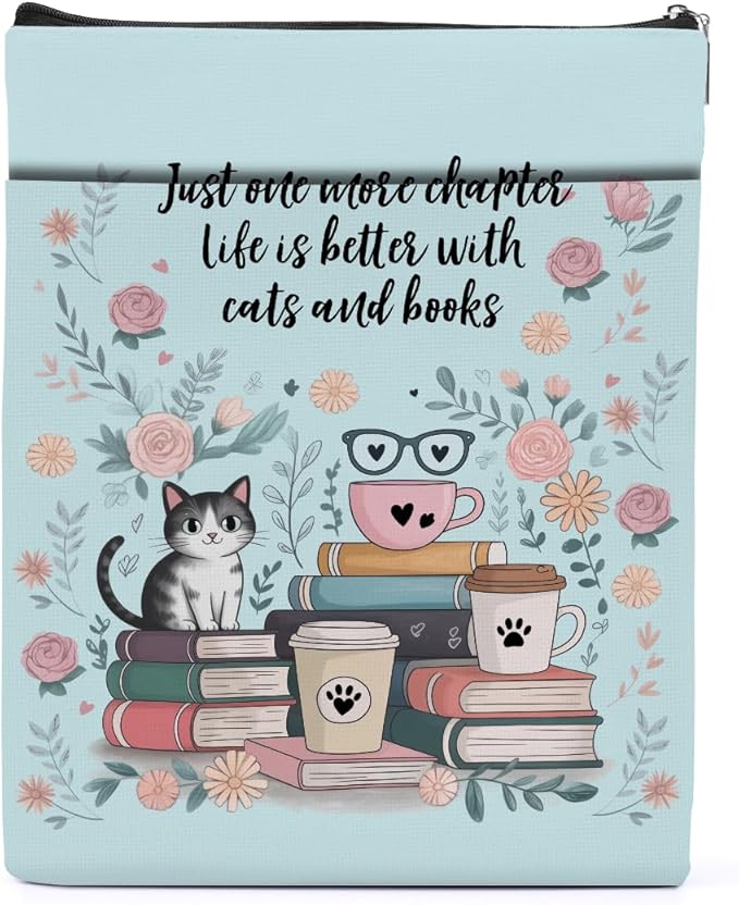 Floral Cute Cat Book Sleeve, Book Lovers Gifts Sleeve with Zipper & Front Pocket, 11.4x8.8 Inch Canvas Books Cover Protector Bookish Gift for Readers Librarian Women Teacher, Cat Lover Gifts for Women