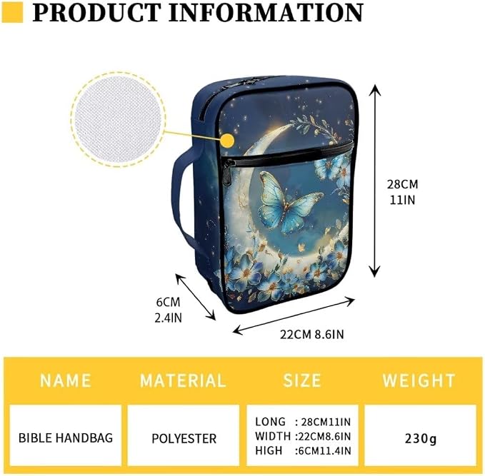 Coldinair Moon Butterfly Bible Cover for Women Girls Nylon Bible Holder Carrier Carrying Organizer Bible Bag, Zipper and Pockets for Standard Large Size Bible