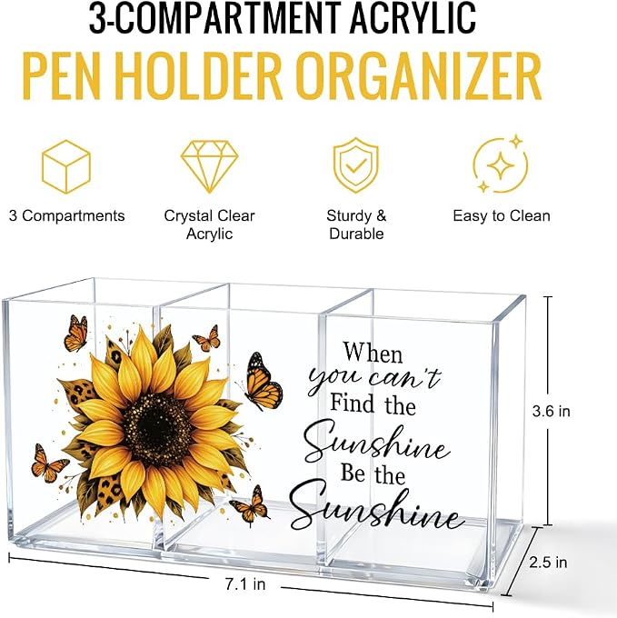 Be The Sunshine Acrylic Pen Holder for Desk, Sunflower Butterfly Desk Organizer Decor for Office Home, Inspirational Back to School Graduation Gifts for Women Teachers Students Coworkers Friends