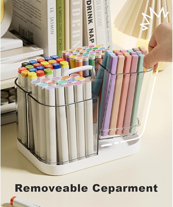 2 Pack Small Plastic Portable Caddy with Handle, Stackable Pen Holder 4 Compartments, Clear Pencil Organizer for Art Supplies, Crafts, Colored Pencils, Stationery, Markers