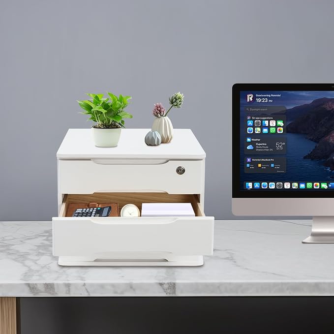 3-Tier Desk Organizer with Lockable Drawers,1 Locks & 2 Keys, Wooden Desktop Storage Box, Categorized Storage Desktop File Cabinet(White)