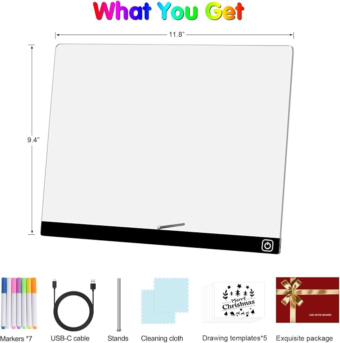 LED Note Board with Colors, 11.8"X9.4" Led Drawing Board Acrylic Dry Erase Board with Light 7 Colors Message Writing Board Night Light with 7 Markers for Home/Office/Christmas Decor