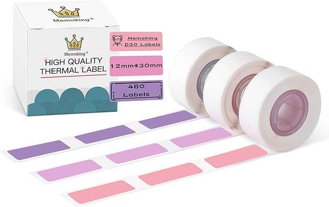 D30 Label Maker Tape - Compatible with Memoking/Phomemo D30 Printer Machine, 12x30mm Waterproof Thermal Printer D30 Labels, Purple/Rose Red/Pink Sticker Machine Tape, 3 Rolls