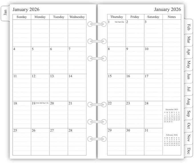 newestor 2026 Planner Refill, Monthly, 3-3/4" x 6-3/4", Jan 2026 to Dec 2026, Personal/Portable Size