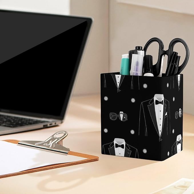 Holder Cup Makeup Brush Storage Organizer, Waterproof Multifunctional Office Supplies, Pen Holder Square Leather Pencil Black Tuxedo
