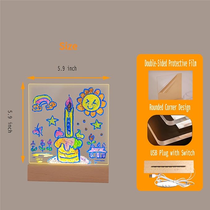 5.9 x 5.9 Inch LED Message Note Board with Colors, Clear Acrylic Light Up Dry Erase Drawing Writing Board with Stand