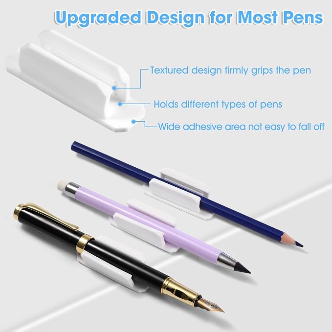 VZZNN 40 Pack Adhesive Pencil Holders for Desk - Reusable Silicone Pen Grips for Desk Organization, Wall, Clipboard, Office & Teacher Supplies with Strong Sticky Pads (White)