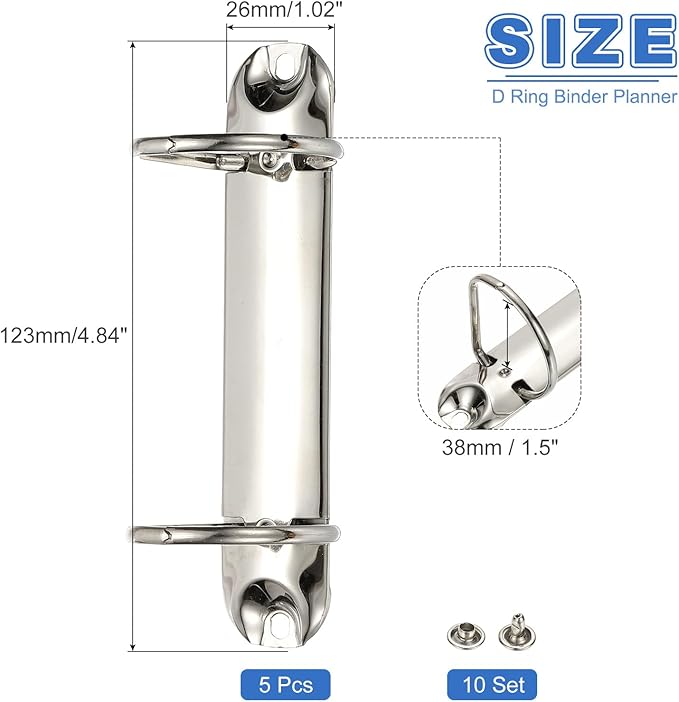 PATIKIL B7 2 Hole Ring Binder Mechanisms, 5 Set 1.5" D Ring Replacement Binder Planner Loose Leaf Binding Spines for Organizers DIY Fill Paper Storage Folder Accessories, 26mm Silver Tone