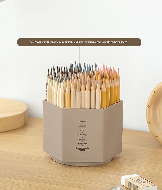 Gullor Spinning Desktop Stationery Organizer Decorative Plastic Rotating Pen and Pencil Cup 6 Compartment Desk and Table Top Office Supplies, Khaki