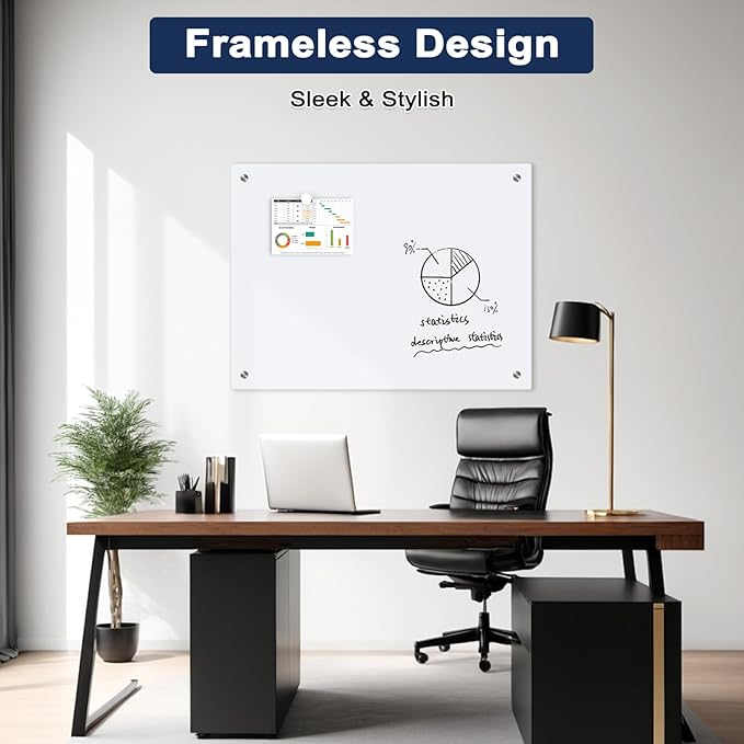 Magnetic Glass Whiteboard, 6' x 4' Glass Dry Erase Board for Wall, 72" x 48" Large Frameless White Board with 1 Marker Tray and 10 Magnets for Office, Home, Classroom - Ultra White