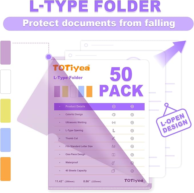 TOTiyea 50 Pack Clear Folder, 7Mil Plastic L-Type Folders, Clear Colored Copy Safe Project Pocket, Fits Letter Size 8.5x11 Paper, Assorted Colors
