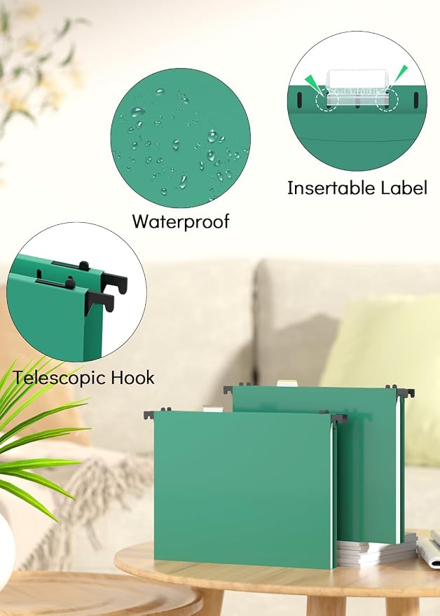 Extra Capacity Plastic Hanging File Folder, 12 Pack Reinforced Hang Folders Letter Size, Heavy Duty 1 Inch Expansion Filing Cabinet Folders, for Bulk Files, Medical Charts, Green