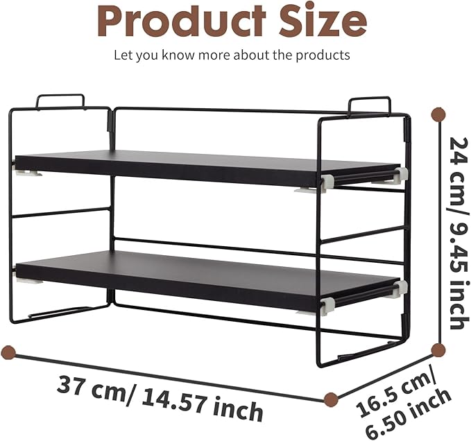 PowerKing Desk Shelf Organizer, 2-Tier Desktop Shelves with Wood Board, Adjustable Bookshelf Storage Rack for Home Office School Study Room (Black Frame + Brown Wood)