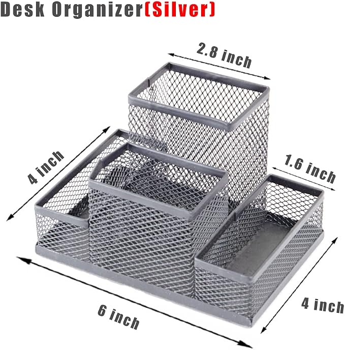 Desk Organizer Desktop Mesh Pen Pencil Holder Caddy with 4 Compartments, Office Home School Classroom Accessories Cool Supplies (Silver)