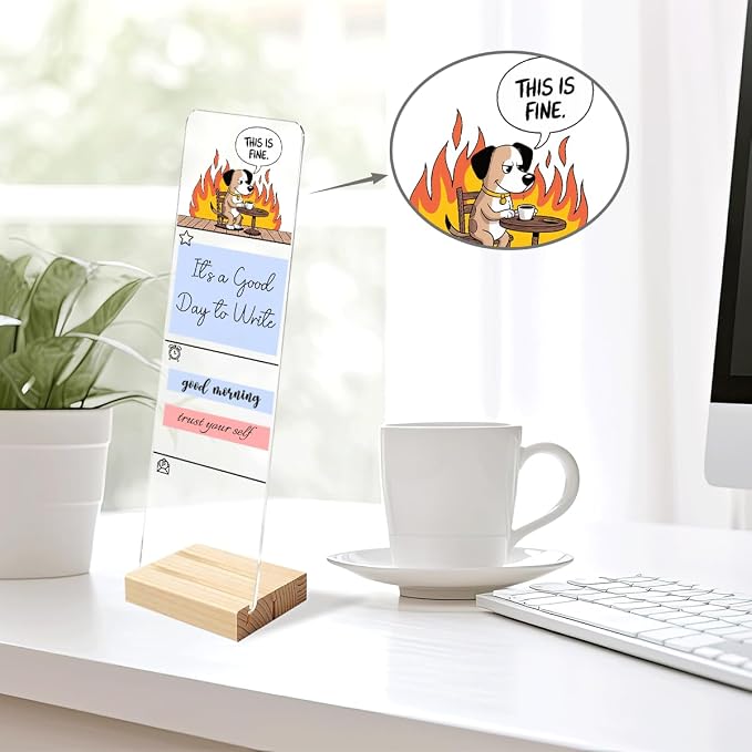 Sticky Notes Monitor Memo Board Acrylic Holder with Removable Wooden Base, This is Fine Dog Meme Logo Desk Set with 200 Sheets Two Sizes Sticky Notes, Office Desk Accessories Organizer