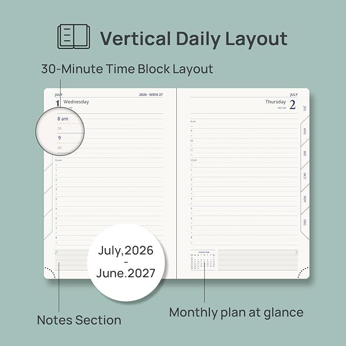 POPRUN Daily Planner 2026-2027 One Page per Day, (A5 Size 5.7" x 8.5") Academic Planner (July 2026 - June 2027) Hourly Appointment Book with Vegan Leather Hardcover, Monthly Tabs & Inner-pocket - Brown