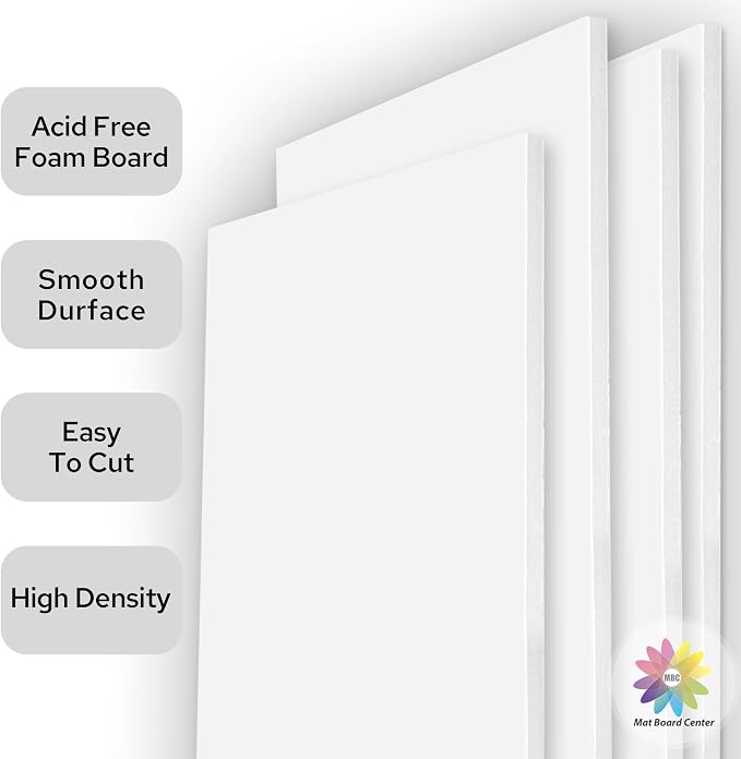 Mat Board Center Premium White Foam Core Board - 20x24 Inches, 3/16" Thick - 10 Pack, Acid-Free - Ideal for Mounting, Crafts, Art, and Presentations