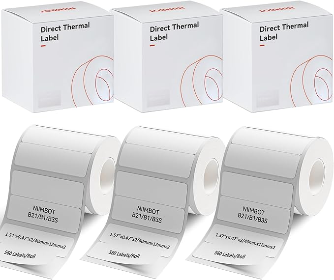 NIIMBOT Labels for B1/B21/B3S/K3 Label Maker, (3 Rolls, 1.57'' x 0.47'' / 40x12mm) Thermal Sticker Label, Waterproof, Oil-Proof and Tear-Proof, Self-Adhesive Thermal Labels (White)