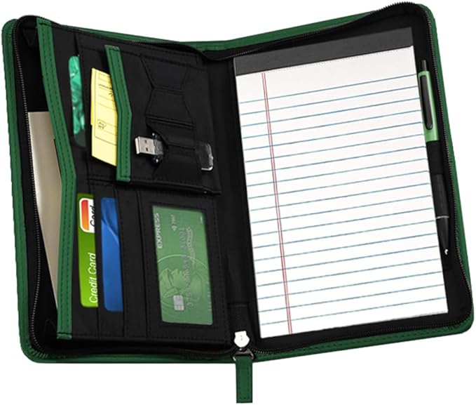 Lcjtop Junior Business Padfolio - A5 PU Leather Portfolio Binder & Zippered Binder Folder with 5 x 8 Writing Pad and Interior Storage Pocket Executive Business Organizer for Women,Dark Green