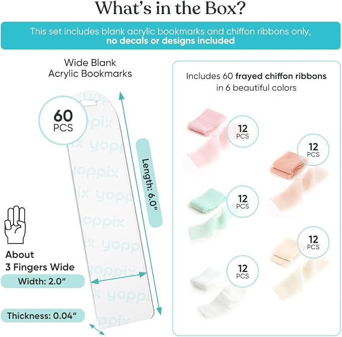 YOPPIX 60 Pieces Acrylic Bookmark Blanks- 6x2”Acrylic Bookmarks with 60 Pcs Ribbon for Reading Lovers DIY Crafts Hanging Tag Gifts Tag Price Tags, Graduation Back to School Gifts(Semicircle)