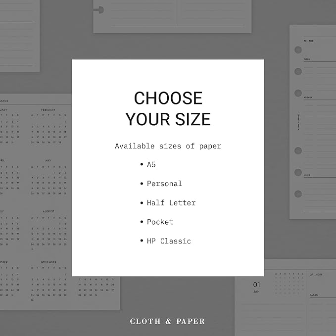 Cloth & Paper 2026 Monthly Planner Inserts | Personal Size 3.75 x 6.75 Inches | Minimalist Agenda Refills | Sunday Start, 84 Pages | 6 Ring Punched | Monthly Organizer Pages | Heavyweight Paper