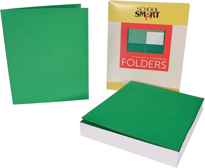 School Smart 2-Pocket Folders with No Brads, Green, Pack of 25