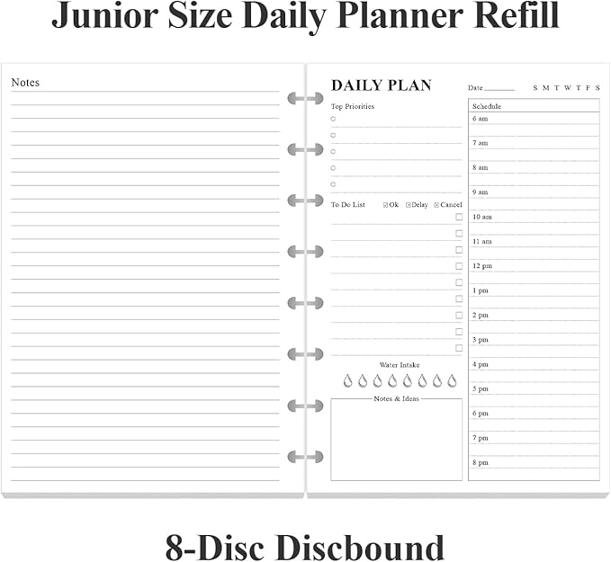Junior Size To Do List Insert - 8-Disc Discbound Undated Daily Planner Refill for A5 Binder,100 Sheets/200 Pages Planner and Lined Refill, 100 gsm White Paper, 5.8'' x 8.3''
