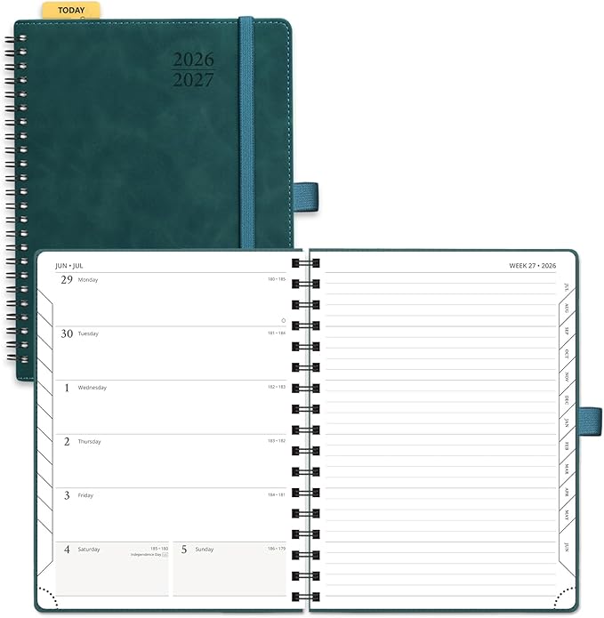 POPRUN Weekly Planner 2026-2027, 6.5" x 8.5", (July 26-June 27) Academic Weekly and Monthly Planner, Calendar Notebook 2026-2027 Agenda for School, College, Spiral Leather Softcover - Petrol Green