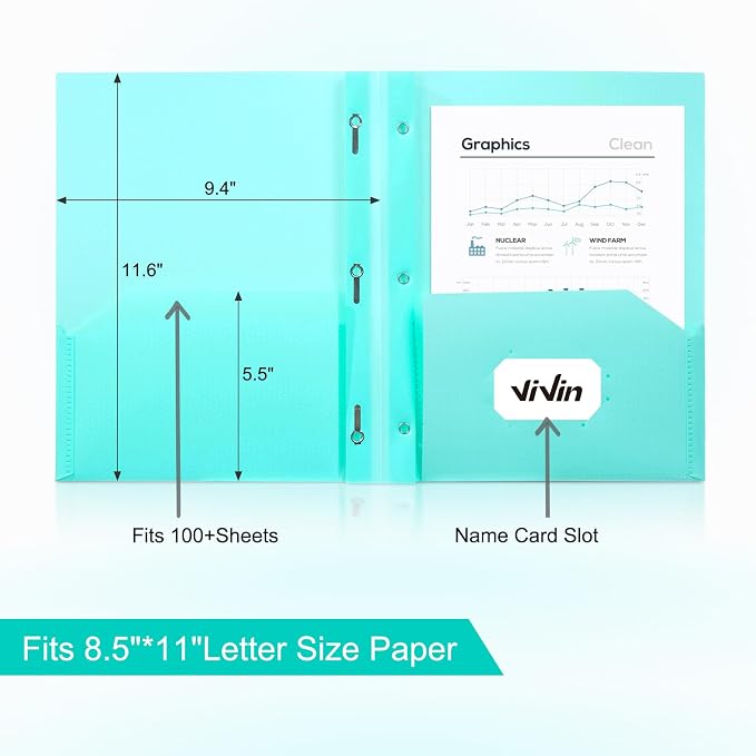 ViVin Sturdy Plastic Folder with Pockets,12 Pack,Heavy Duty Two Pocket 3 Prong Folders,Holds Letter Size Paper,File Folders with Business Card Slot for School Home and Office(Light Green)