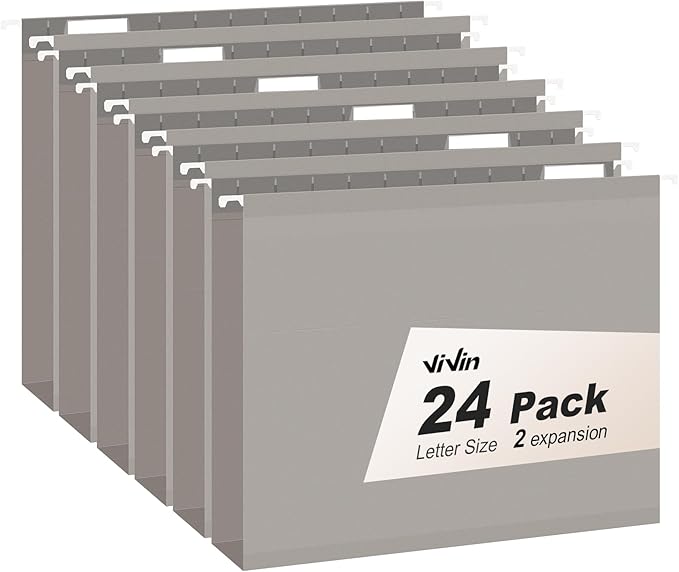 ViVin Hanging File Folders, 1/5-Cut Adjustable Tabs with 24 Per Box, 2 Inch Expansion, 24 Pack Letter Size Hanging File Folders, Designed for Office Home School Filing Cabinet(Gray)