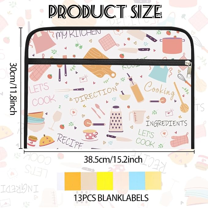 WEBEEDY Cooking Patterns Expanding File Folder 13 Pockets Kitchen Utensils Accordion Folder File Organizer with Labels and Zipper, Portable Document Organiser for A4 Paper Photo Receipt Paperwork