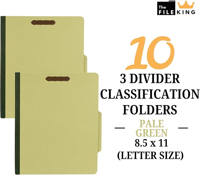 The File King Three Divider Pressboard Classification Pale Green File Folder - Letter Size | Box of 10 | 2/5 ROC Top Tab | 3” Expansion | Eight 2-Inch Fastener Prongs | Made in USA