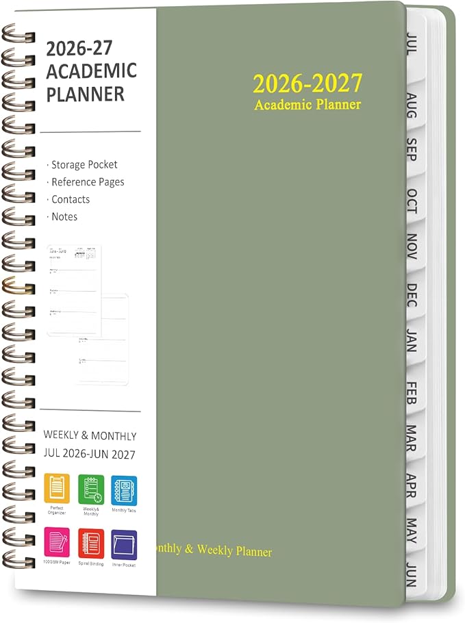 Academic Planner 2026-2027, Weekly and Monthly Agenda Planner, Daily Calendar Planning Notebook (July 2026 - June 2036), School Teacher Student Supplies, 8.5" x 11", Green