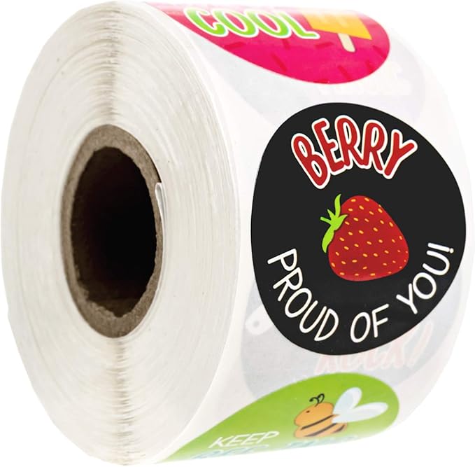 Motivational Homework Lesson Stickers / 500 School Classroom Grading Label Roll / 1.5" Bright Teacher Round Decals / 8 Uplifting Student Reward Designs/Made in The USA
