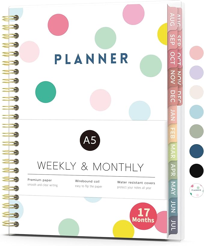 Aug 2026 - Dec 2027 Planner, Forvencer 17 Month Academic Planner 2026-2027, 6.3" x 8.4", Calendar Planner Weekly and Monthly, Daily Agenda, School Supplies for Student Teacher, A5, Polka Dot Style