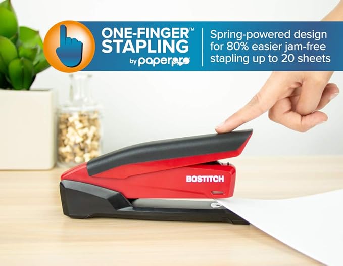 Bostitch Office EZ Squeeze 20 Sheet Standard 3 Hole Punch, Metal Construction & Executive 3 in 1 Stapler, Includes 210 Staples and Integrated Staple Remover,20 Sheet Capacity, Red