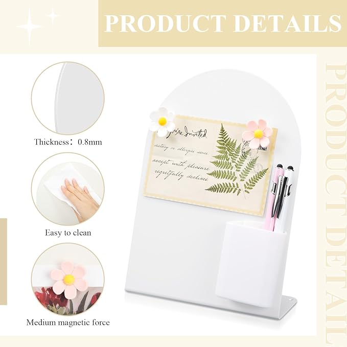 Redbaker 2 Pcs Magnetic Bulletin Board for Tabletops with 8 Flower Magnets 2 Magnetic Pen Holder 2 Pen 10 x 7 Inch Memo Display Easel Stand for Home Office School Kitchen Table Supplies (White)