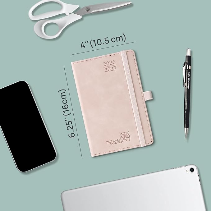 POPRUN 2026-2027 Pocket Planner (Size 4''x 6.25'') Weekly and Monthly Academic Calendar (JUL.26 - JUN.27) with Note Page and Monthly Tabs, Inner Pocket, Leather Soft Cover, 100 GSM - Brown