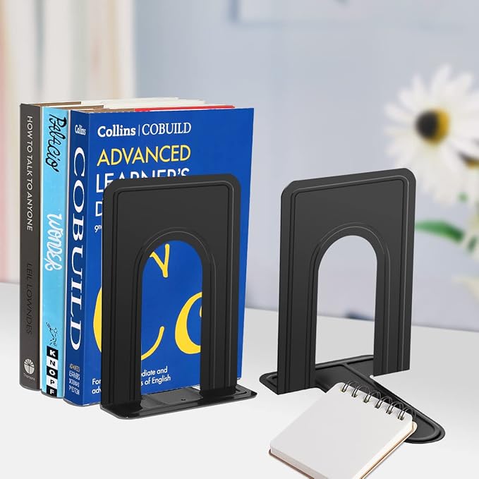 JIKIOU Book Ends Universal Premium Bookends for Shelves, Non-Skid Bookend, Heavy Duty Metal Book End, Book Stopper for Books/Movies/CDs/Video Games, 6.69 x 4.9 x 4.3 in, Black (3 Pairs/6 Pieces)