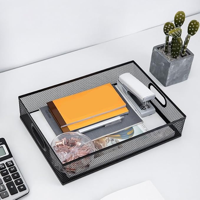 2 Pack Desk Organizer Tray,Metal Mesh Desk Tray with Handle, Portable Desktop Storage,Office File Organizer for Papers, Magazines, Crafts, Office Supplies