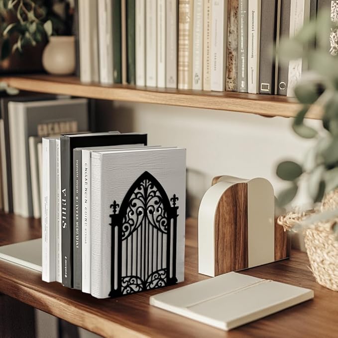 Peacoblue Metal Bookends for Shelves, Modern Decorative Heavy Duty Study Book Support Stoppers for Office, Desk, Shelf, Room 5.3"x4.3"x7.3" Cast Iron Simple Tall Bookends, 1 Pair (Gothic Gate)