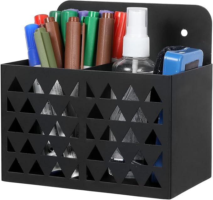 MyGift Dry Erase Marker Holder Wall Mounted with Triangle Cutout Design Modern Black Metal 2 Compartment Office Supplies Storage Bin Organizer, Desktop Pen Pencil Holder