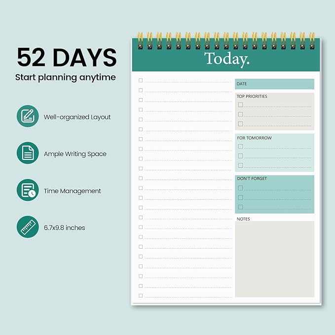 KMQOY To Do List Notepad - Daily Planner Pad Undated 52 Sheets Spiral Today Planner Note Pad Premium Thick Paper 6.5" x 9.8" For Work and Personal Organized - Green