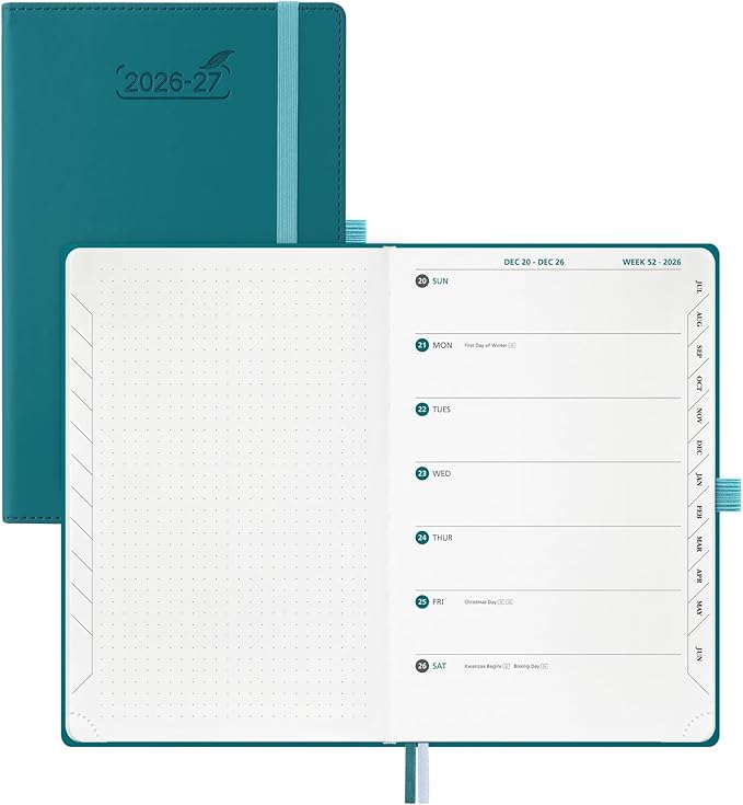 BEZEND Weekly Planner 2026 2027 Dot‑Grid Journal in One (5.5" x 8.5") 12 Month Academic Calendar with Tabs (Jul.26-Jun.27) for Student/School, 100gsm Thick Paper, PU Leather Hardcover - Teal