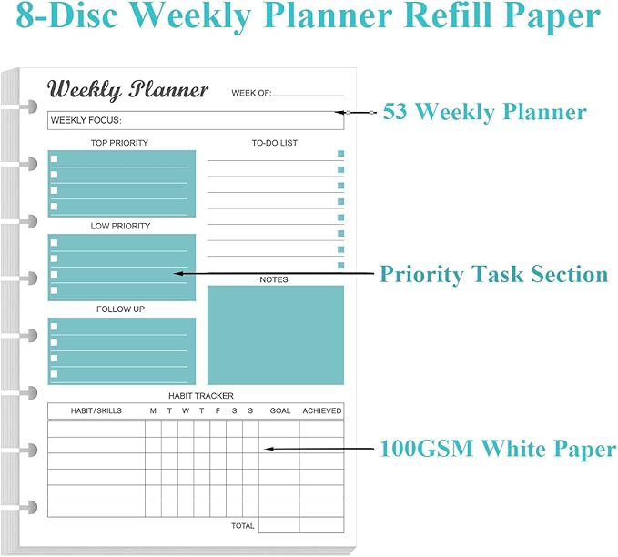 Junior Size Undated Weekly Planner Refills - 8-Disc 53 Sheets/106 Pages Weekly Planner for Half Letter Size, 100 gsm White Paper, Lasts 1 Year, Undated, 5.8" x 8.3", Teal